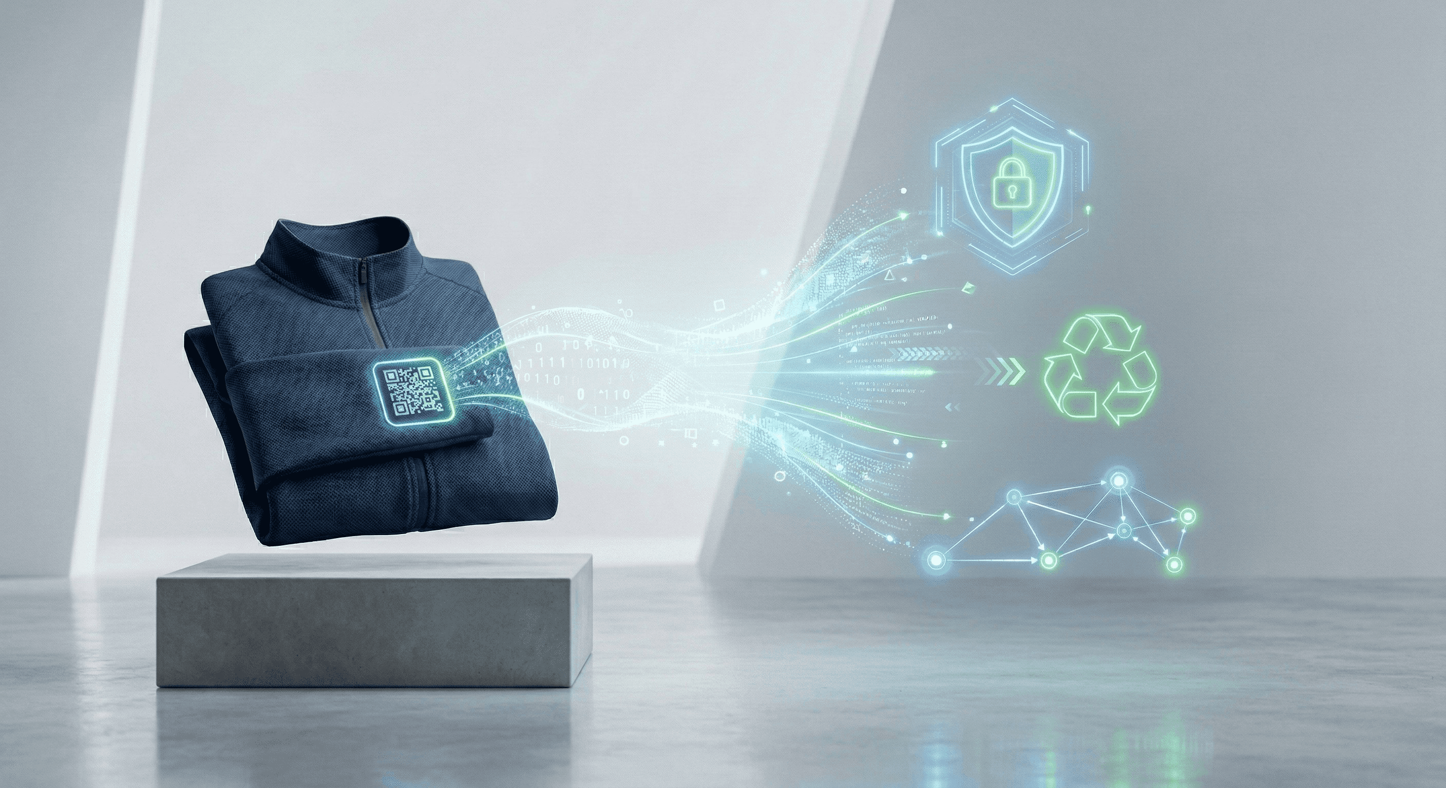 DPP concept: A physical product connected to a secure digital interface, symbolizing the Digital Product Passport.
